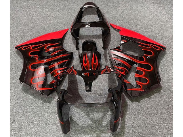 2000-2002 Schwarz Glänzend & Rot Flame Kawasaki ZX6R Motorrad Verkleidungen
