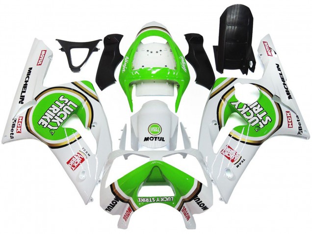 2003-2004 Grün Lucky Strike Glanz Kawasaki ZX6R Motorrad Verkleidungen 2003-2004 Grün Lucky Strike Glanz Kawasaki ZX6R Motorrad Verkleidungen