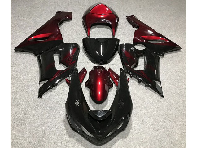 2005-2006 Schwarz Glänzend & Tiefrot Kawasaki ZX6R Motorrad Verkleidungen 2005-2006 Schwarz Glänzend & Tiefrot Kawasaki ZX6R Motorrad Verkleidungen