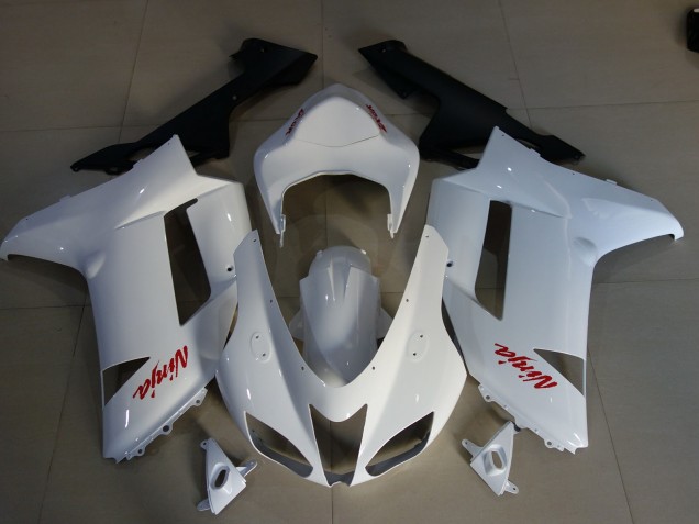 2007-2008 Glänzend Weiß & Rot Logos Kawasaki ZX6R Motorrad Verkleidungen