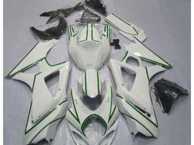 2007-2008 Glänzend Weißer Grüner Nadelstreifen Suzuki GSXR 1000 Motorrad Verkleidungen