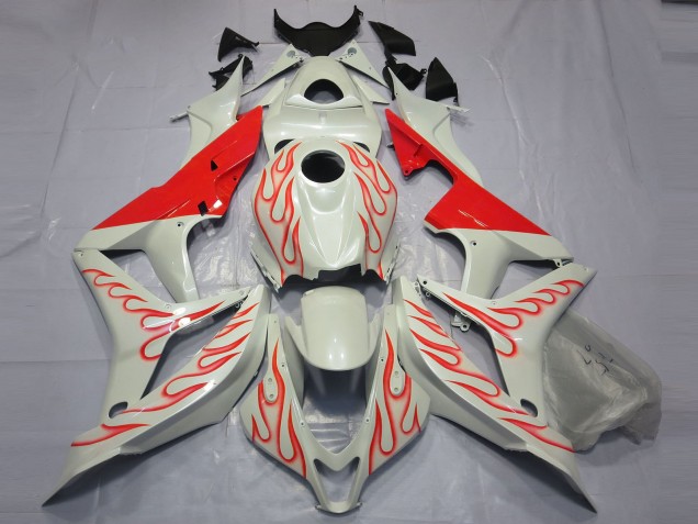 2007-2008 Rot Flamme Auf Weiß Honda CBR600RR Motorrad Verkleidungen 2007-2008 Rot Flamme Auf Weiß Honda CBR600RR Motorrad Verkleidungen
