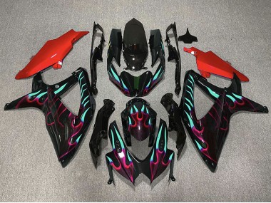 2008-2010 Rot & Cyan Flamme Suzuki GSXR 600-750 Motorrad Verkleidungen