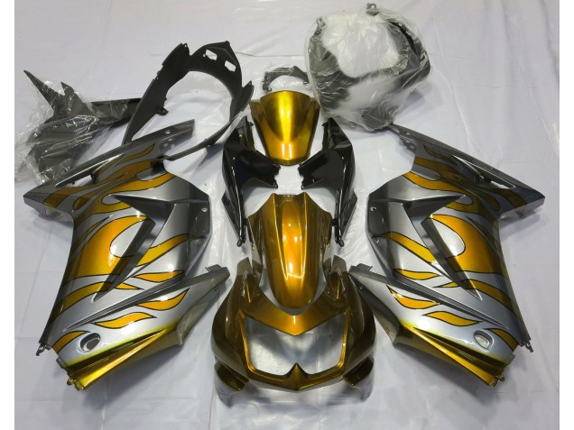 2008-2012 Gold & Silber Flamme Kawasaki Ninja 250 Motorrad Verkleidungen 2008-2012 Gold & Silber Flamme Kawasaki Ninja 250 Motorrad Verkleidungen