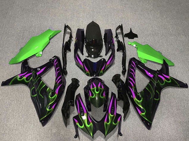 Suzuki GSXR 600 / GSXR 750 Motorrad Verkleidung 2008-2010 - Glanzendes Schwarz Grun Lila Flamme