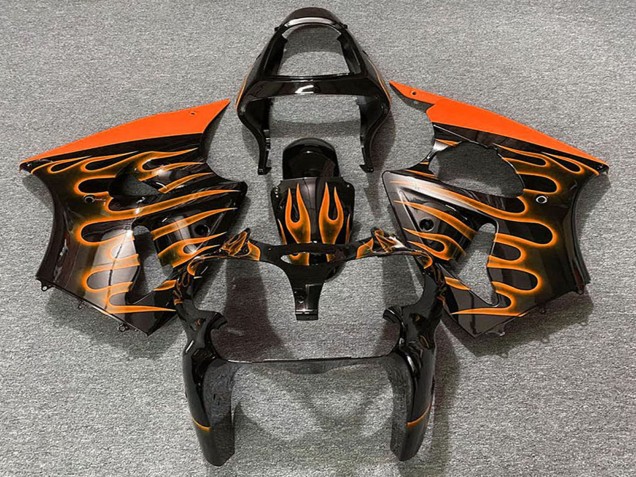 Kawasaki ZX6R Motorrad Verkleidung 2000-2002 - Glanzendes Schwarz Orange Flamme