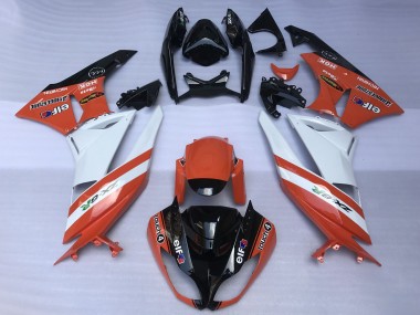 Kawasaki ZX6R Motorrad Verkleidung 2009-2012 - Orange Weiss Glanzendes Schwarz Elf Touch4 Bridgestone