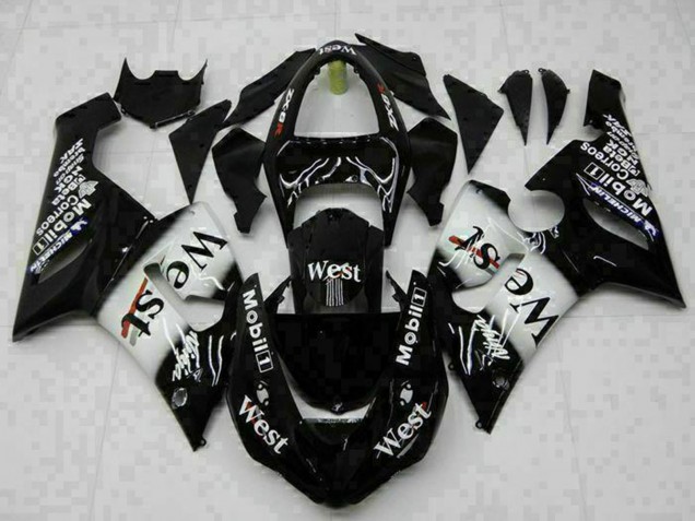 Kawasaki ZX6R Motorrad Verkleidung 2005-2006 - Glanzendes Schwarz Weiss West
