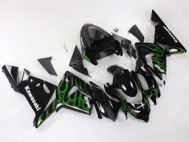 Kawasaki ZX10R Motorrad Verkleidung 2004-2005 - Schwarz mit Gruner Flamme Ninja