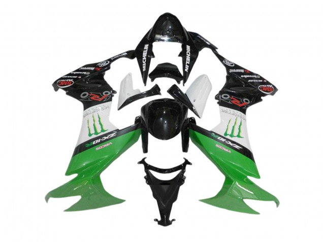 Kawasaki ZX10R Motorrad Verkleidung 2008-2010 - Glanzendes Schwarz Weiss Grun Monster