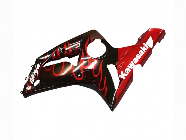 Kawasaki ZX6R Motorrad Verkleidung 2003-2004 - Glanzendes Schwarz Rot Flamme