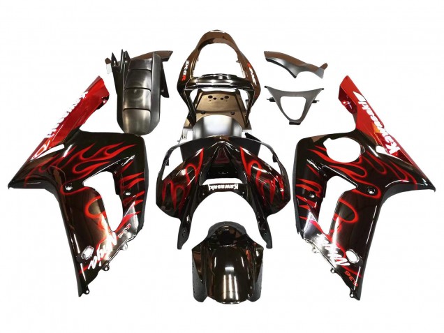 Kawasaki ZX6R Motorrad Verkleidung 2003-2004 - Glanzendes Schwarz Rot Flamme