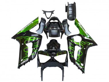 Kawasaki ZX6R Motorrad Verkleidung 2003-2004 - Glanzendes Schwarz Grun Flamme