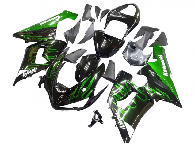 Kawasaki ZX6R Motorrad Verkleidung 2005-2006 - Glanzendes Schwarz Grun Flamme