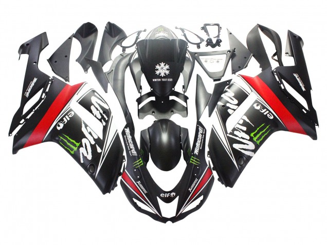 Kawasaki ZX6R Motorrad Verkleidung 2007-2008 - Schwarz Weiss Rot mit weissem Schnee Aufkleber Ninja Elf
