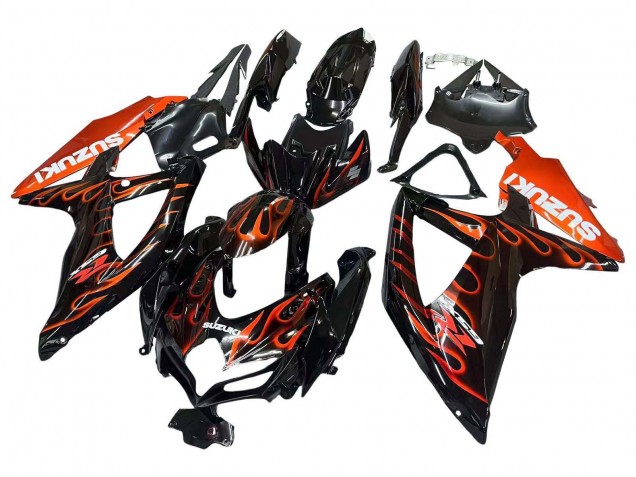 Suzuki GSXR 600 / GSXR 750 Motorrad Verkleidung 2008-2010 - Glanzendes Schwarz Orange Flamme