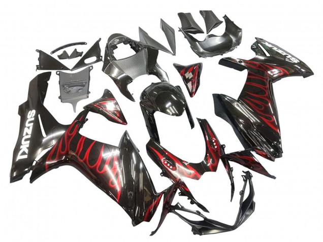 Suzuki GSXR 600 / GSXR 750 Motorrad Verkleidung 2011-2024 - Glanzendes Schwarz Rot Flamme