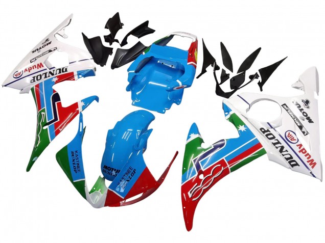 Yamaha YZF 600 R6 Motorrad Verkleidung 2005 - Hellblau Weiss Grun Rot Kastinee Dunlop Motul