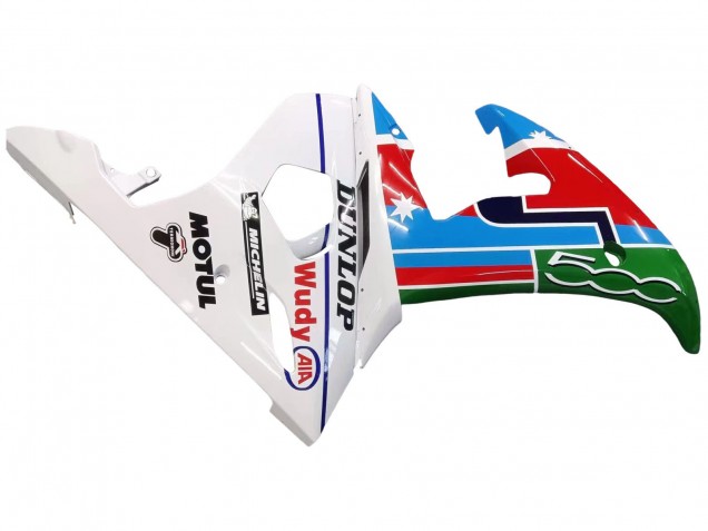 Yamaha YZF 600 R6 Motorrad Verkleidung 2005 - Hellblau Weiss Grun Rot Kastinee Dunlop Motul
