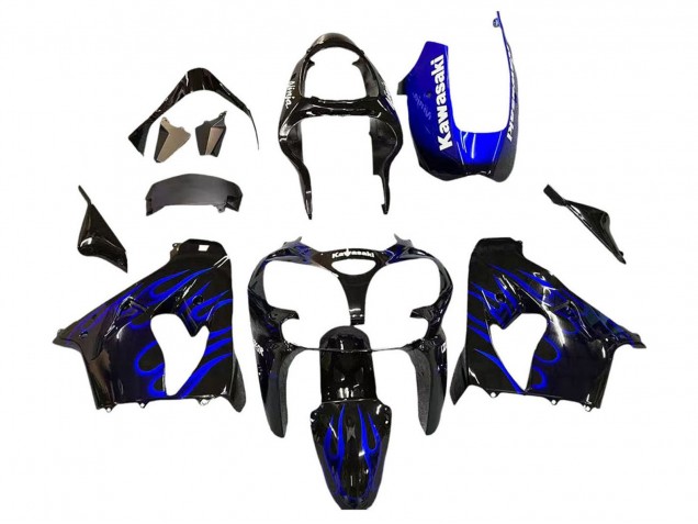 Kawasaki ZX9R Motorrad Verkleidung 2000-2001 - Glanzendes Schwarz Blau Flamme Weiss