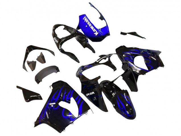 Kawasaki ZX9R Motorrad Verkleidung 2000-2001 - Glanzendes Schwarz Blau Flamme Weiss