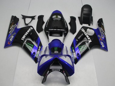 Kawasaki ZX6R Motorrad Verkleidung 2003-2004 - Glanzendes Schwarz Blau Grun Monster