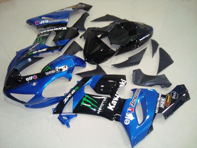 Kawasaki ZX6R Motorrad Verkleidung 2005-2006 - Blau Glanzendes Schwarz Grun Monster