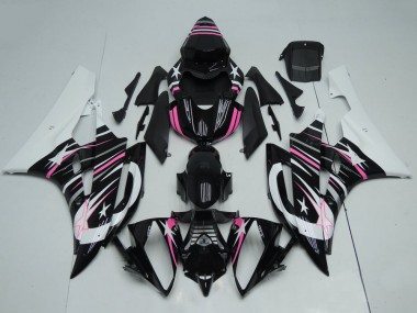 Yamaha YZF R6 Motorrad Verkleidung 2006-2007 - Weiss Glanzendes Schwarz Rosa Stern Flamme