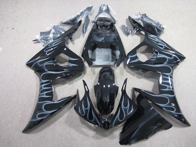 Yamaha YZF R6 Motorrad Verkleidung 2003-2004 - Glanzendes Schwarz Silber Flamme