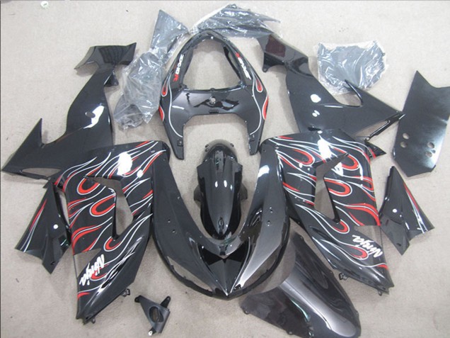 Kawasaki ZX10R Motorrad Verkleidung 2006-2007 - Glanzendes Schwarz Rot Weiss Flamme